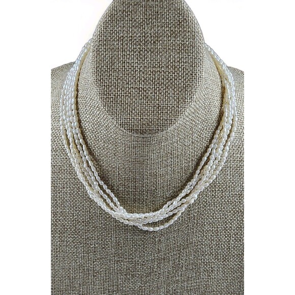 Freshwater Multi Strand Rice Pearl Ivory Necklace - Picture 1 of 13